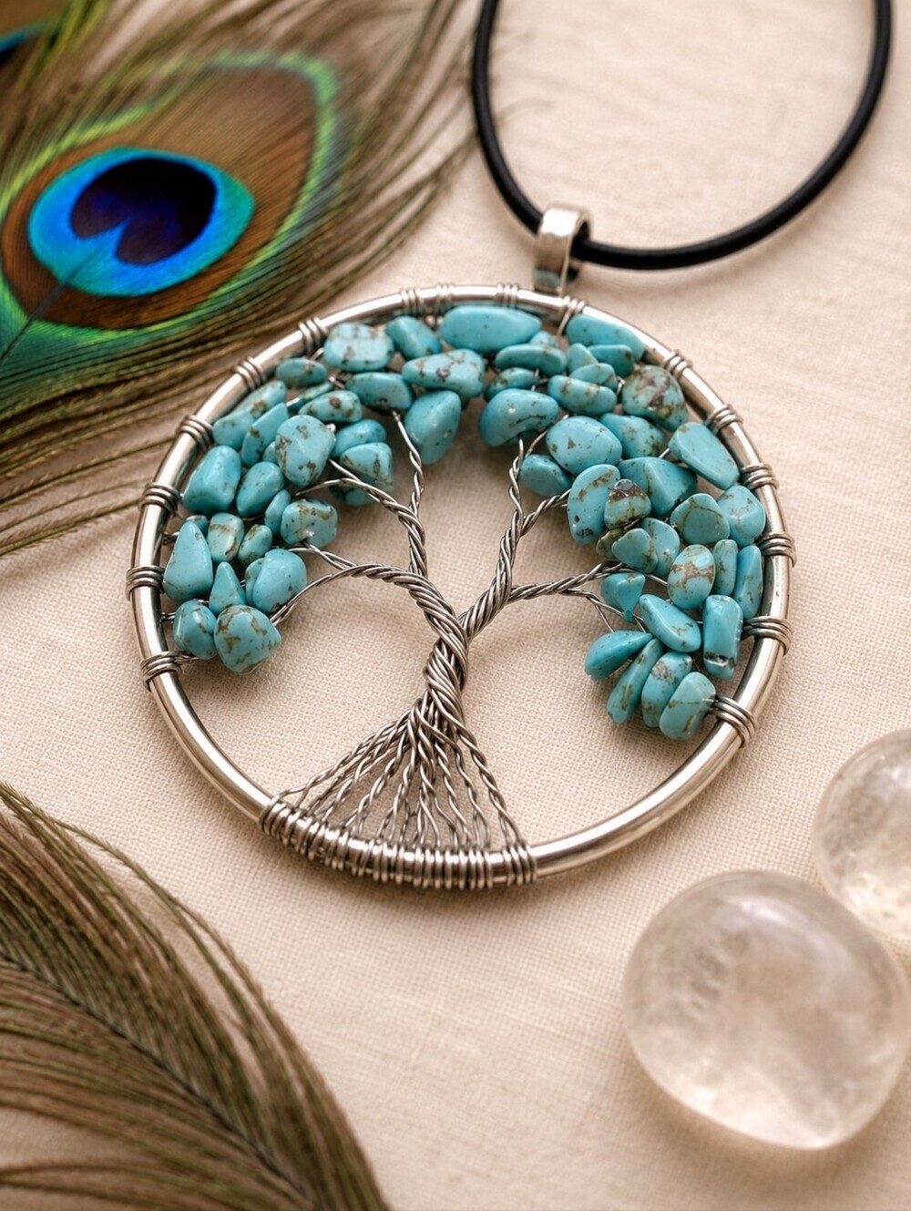 Genuine Turquoise Tree of Life Pendant Necklace Wire Wrapped Boho Statement Gift